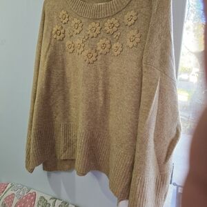 CeCe Floral Appliqué Brown Sweater
